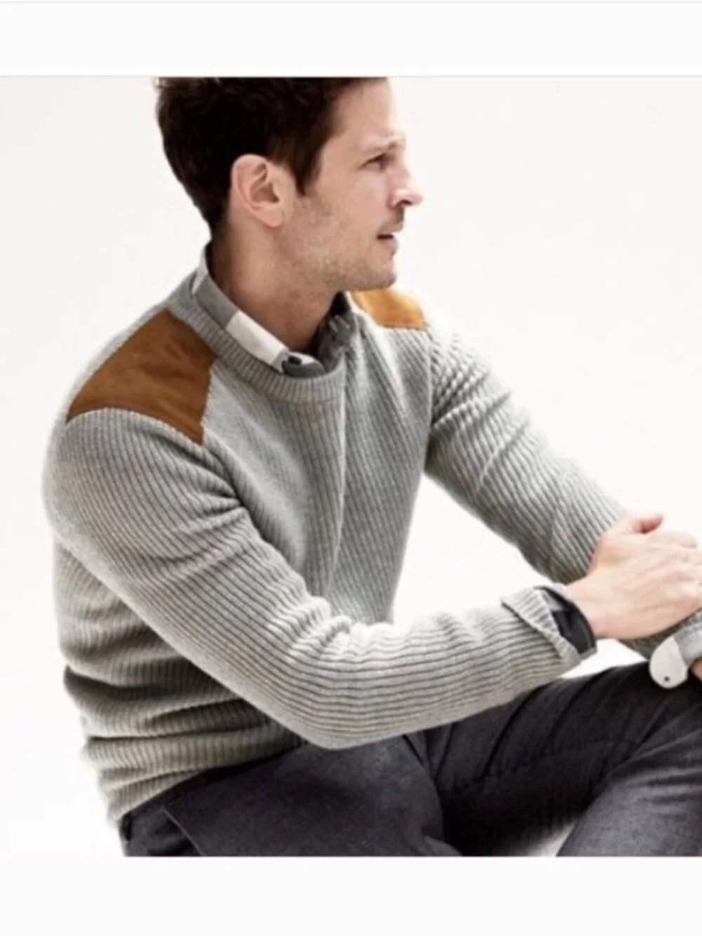 J Crew Woodsman Sweater Mens Large Grey Suede Shoulder Patch Ribbed Heritage